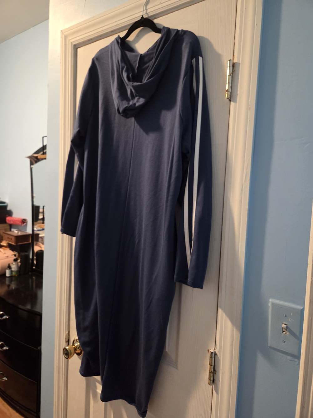 Ashley Stewart Blue Hooded Long Sleeve Dress with White Side Stripe